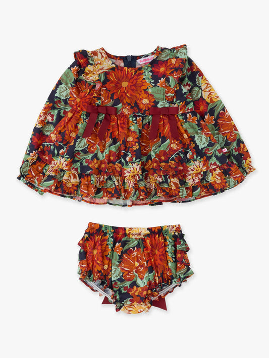 Top Bloomer Set Baby Autumn Blooms Woven Long Sleeve Waterfall Bow Swing Top & Ruffle Bloomer Girls