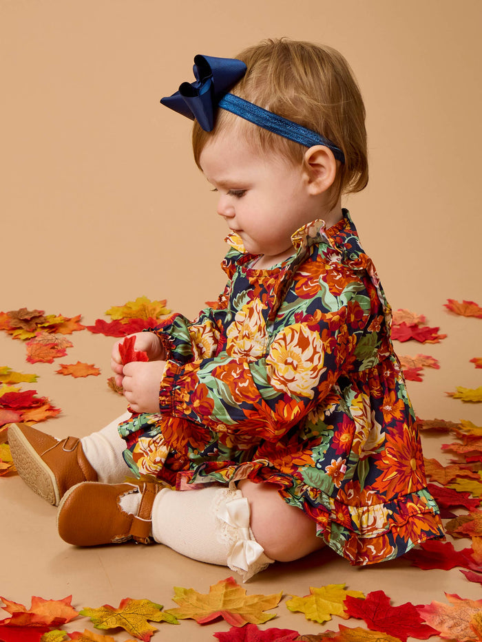 Top Bloomer Set Baby Autumn Blooms Woven Long Sleeve Waterfall Bow Swing Top & Ruffle Bloomer Girls