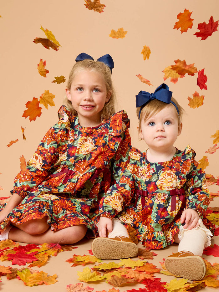 Top Bloomer Set Baby Autumn Blooms Woven Long Sleeve Waterfall Bow Swing Top & Ruffle Bloomer Girls