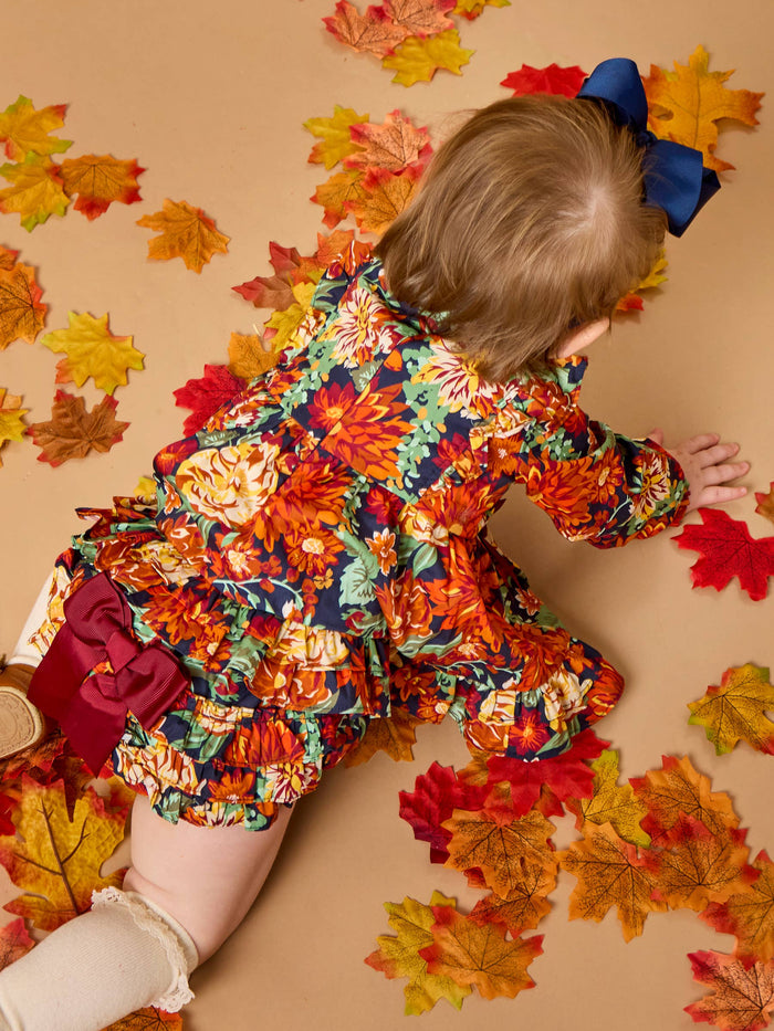 Top Bloomer Set Baby Autumn Blooms Woven Long Sleeve Waterfall Bow Swing Top & Ruffle Bloomer Girls