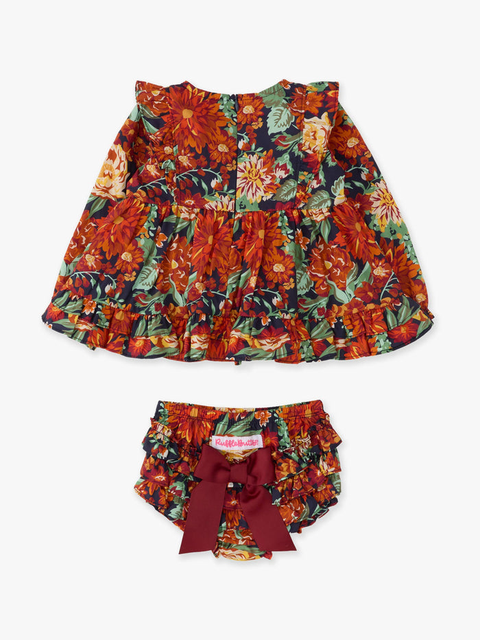 Top Bloomer Set Baby Autumn Blooms Woven Long Sleeve Waterfall Bow Swing Top & Ruffle Bloomer Girls