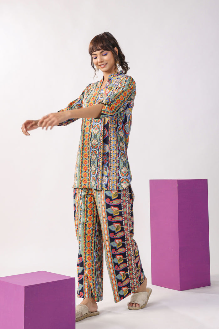 Traditional Paisley Motifs on Blue Cotton Co-ord Set