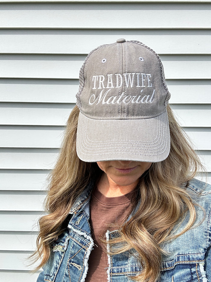 Tradwife Material Grey Embroidered Trucker Hat