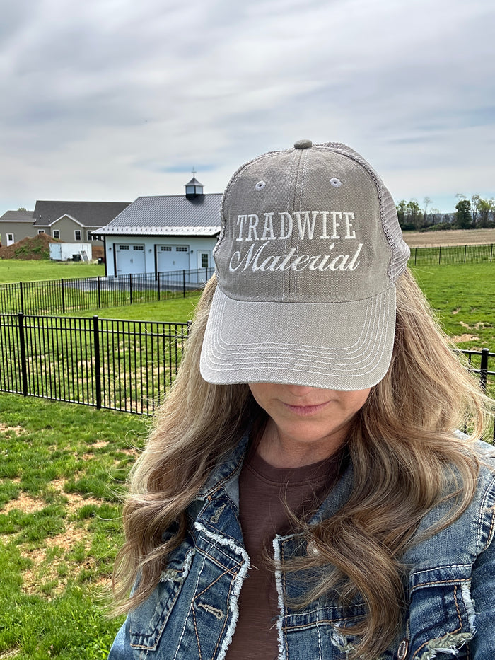 Tradwife Material Grey Embroidered Trucker Hat