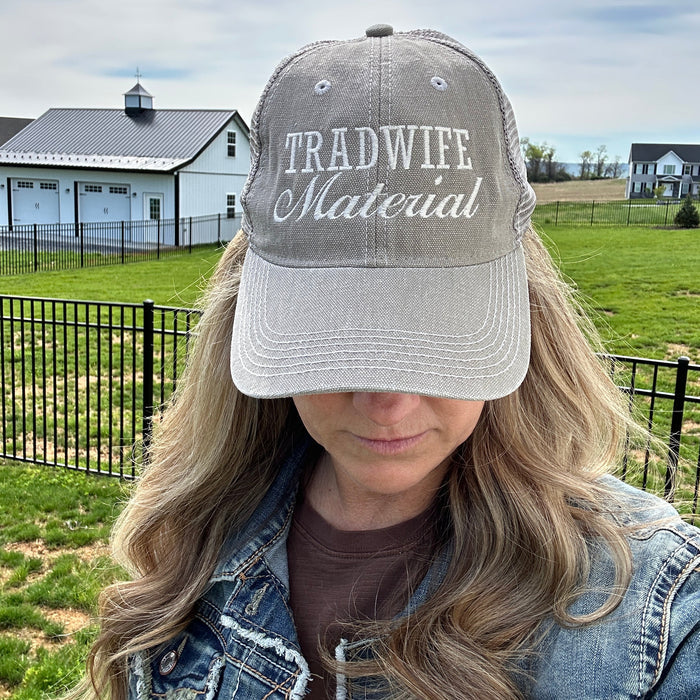 Tradwife Material Grey Embroidered Trucker Hat