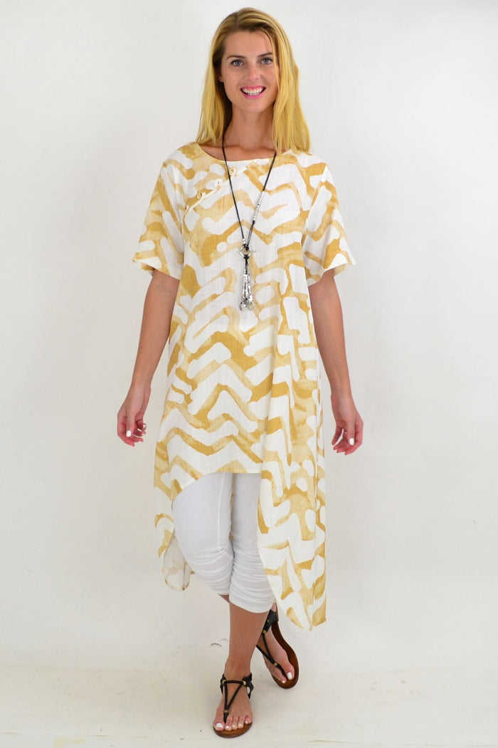 Beige and cream tribal print linen mix hi-low hem tunic by Ruby Rain, featuring a relaxed fit and bohemian style.