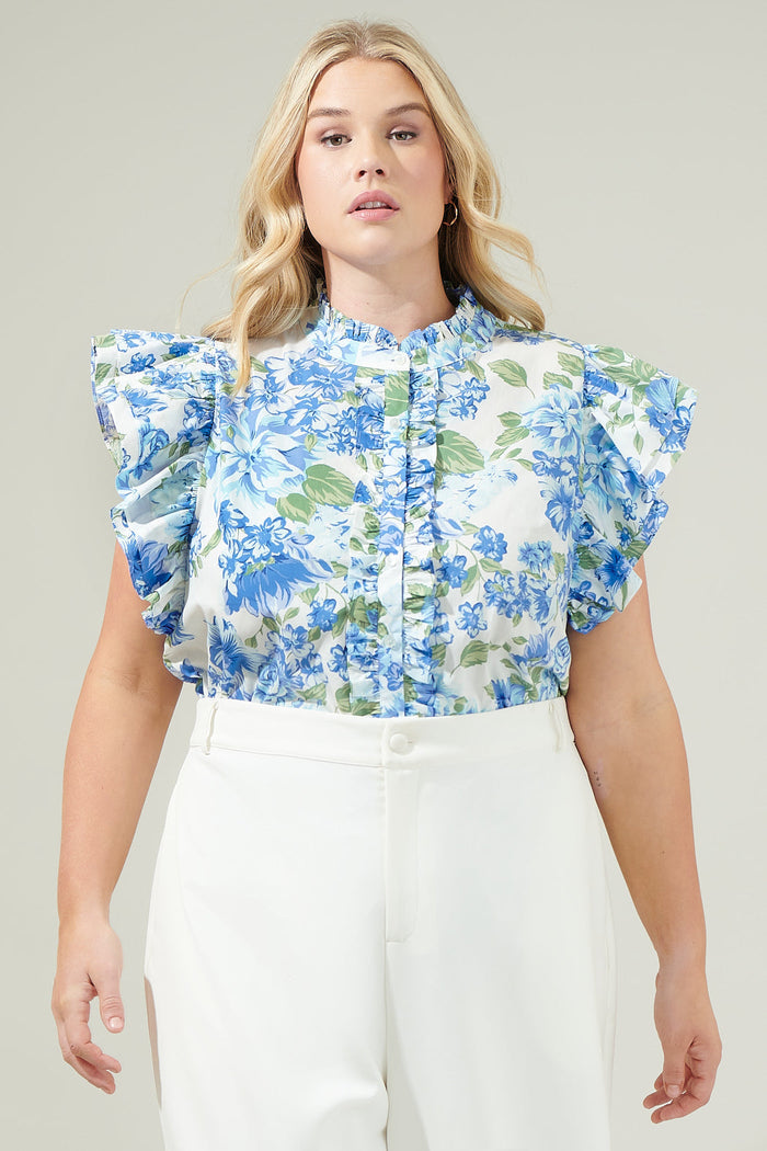 Truth Be Told Blue Floral Sleeveless Ruffle Top Curve