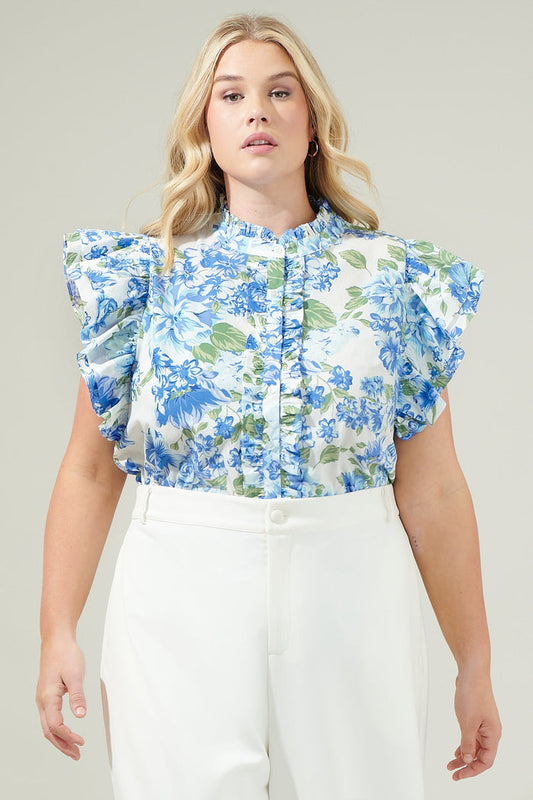 Truth Be Told Blue Floral Sleeveless Ruffle Top Curve
