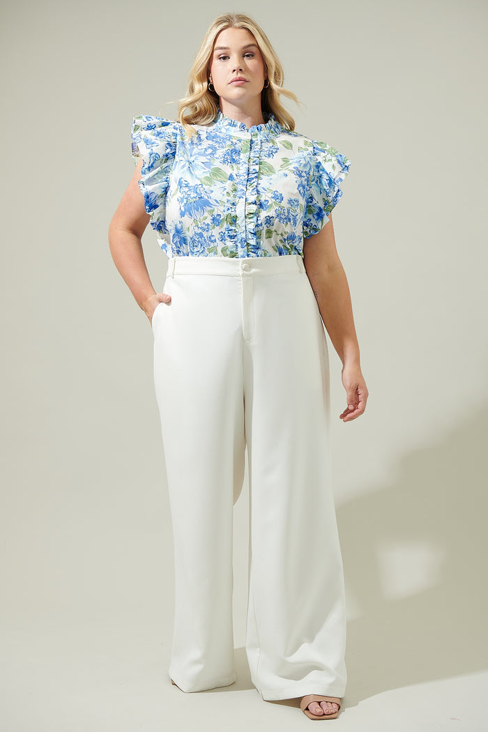 Truth Be Told Blue Floral Sleeveless Ruffle Top Curve