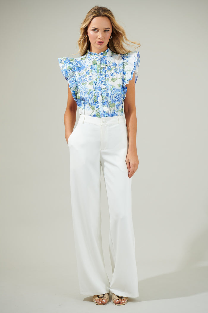 Truth Be Told Blue Floral Sleeveless Ruffle Top