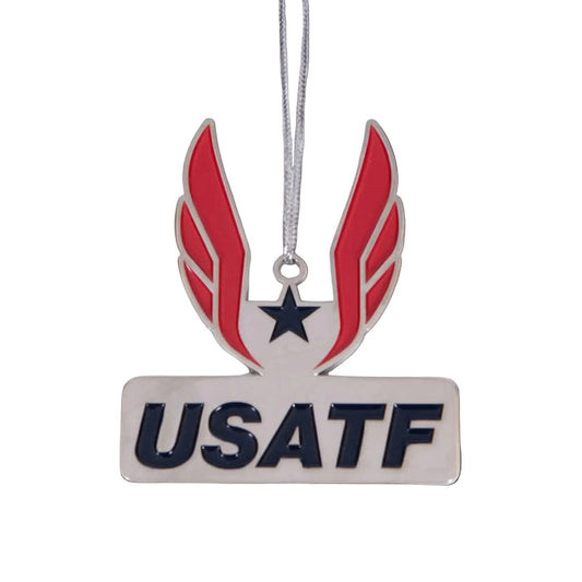 A stainless steel ornament with red, silver, and black colors featuring the USATF logo.