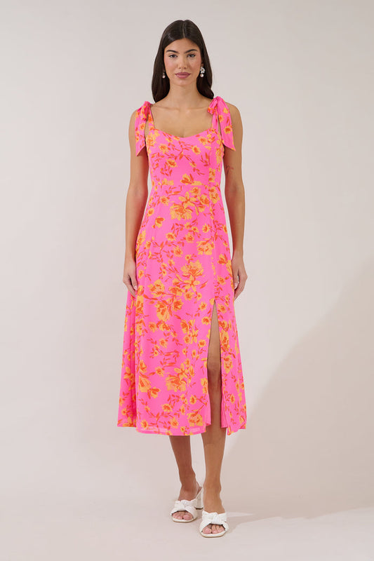 Viejo Tie Strap Midi Dress Hot Rod Floral