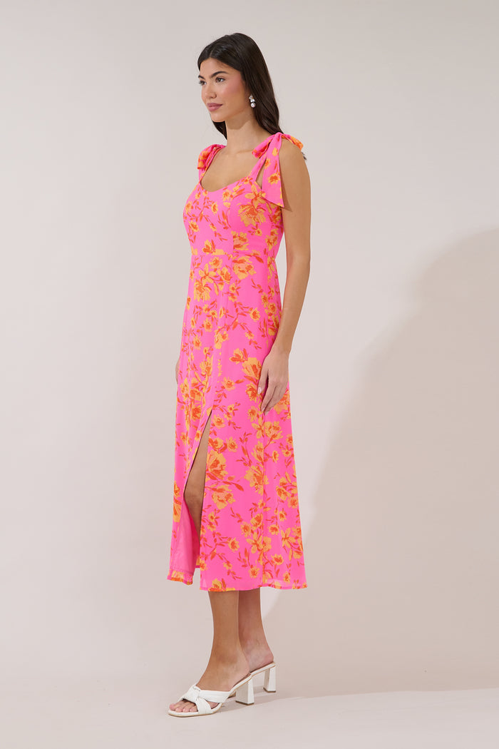 Viejo Tie Strap Midi Dress Hot Rod Floral