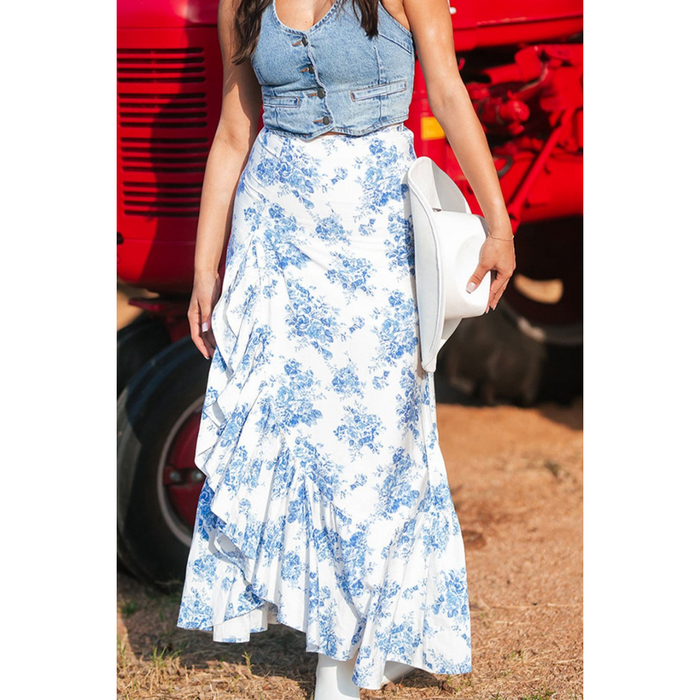High slit ruffle country skirt styled with denim vest