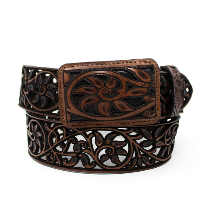 Western Laser Cut Floral Belt- Café