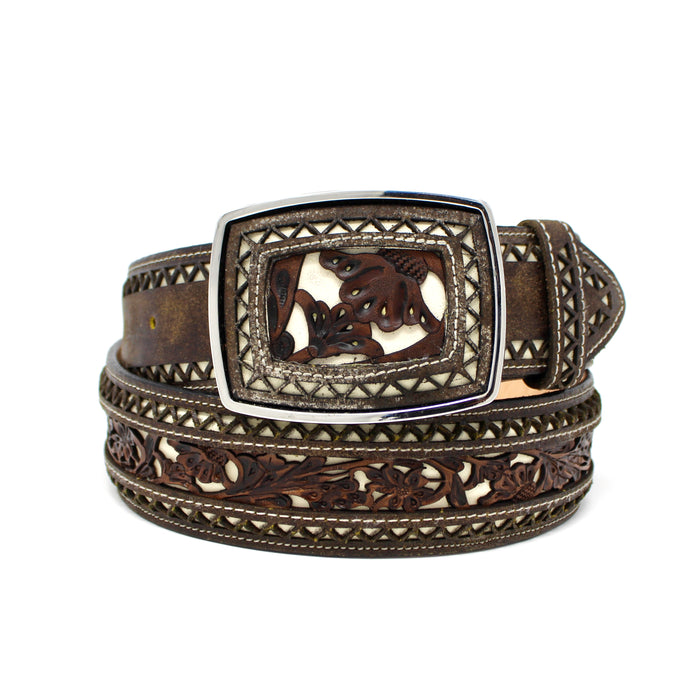 Western Laser Cut Floral Belt with Rectangle Buckle- Café