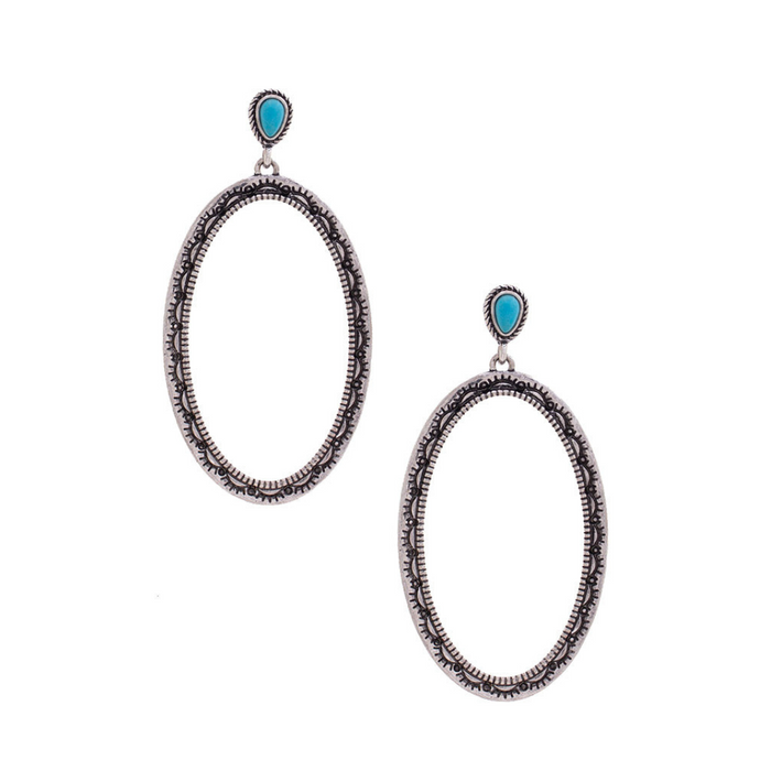 Western Silver Tone Long Oval Earrings