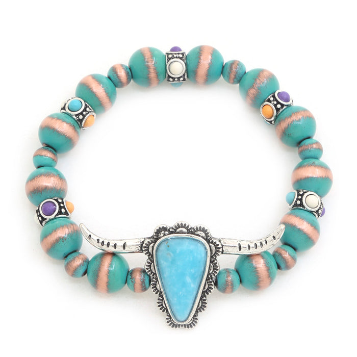 Western Turquoise Cattle Beaded Stretch Bracelet