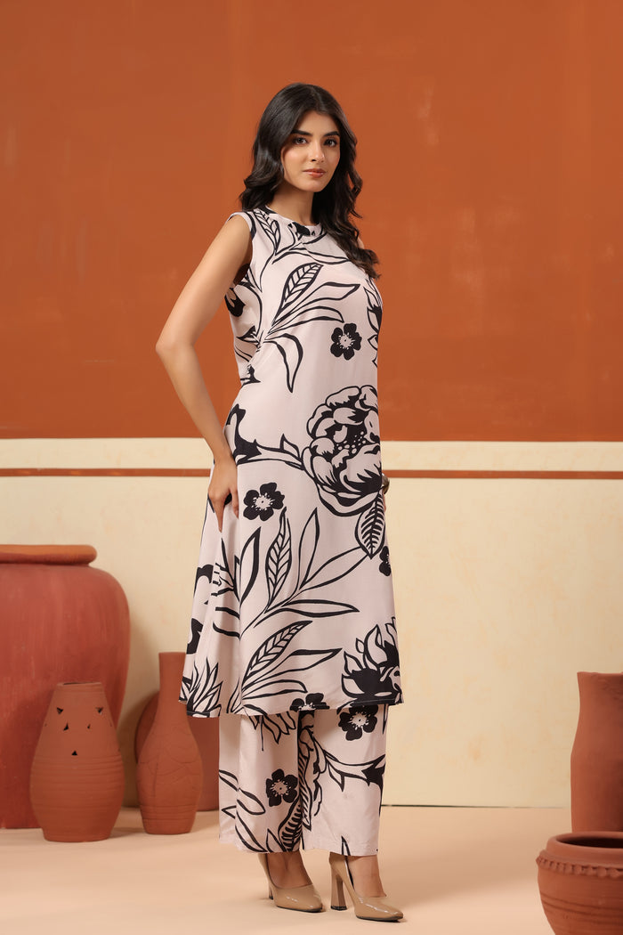 White Black Floral Printed Sleeveless Top Pant RussianSilk Co-ord Set