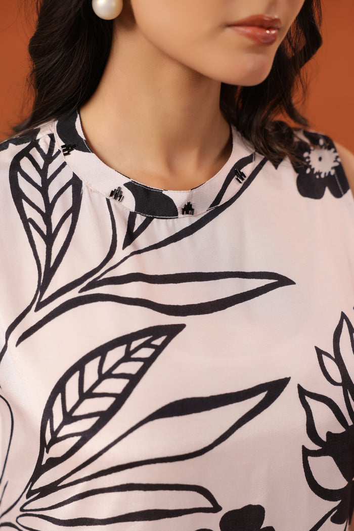 White Black Floral Printed Sleeveless Top Pant RussianSilk Co-ord Set