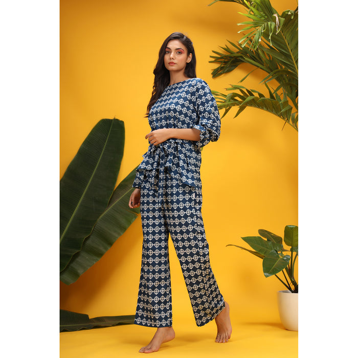 White Glitched Mandala Front Knot on Blue Cotton Co-ord Set