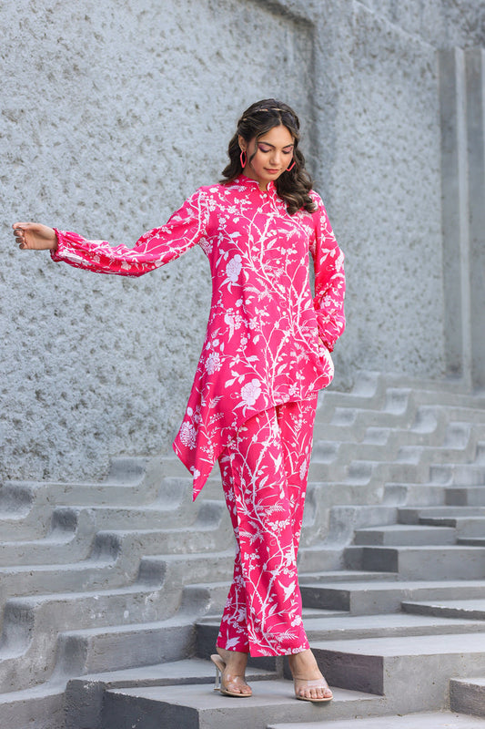 White Jaal On Pink Russian Silk Co-ord Set