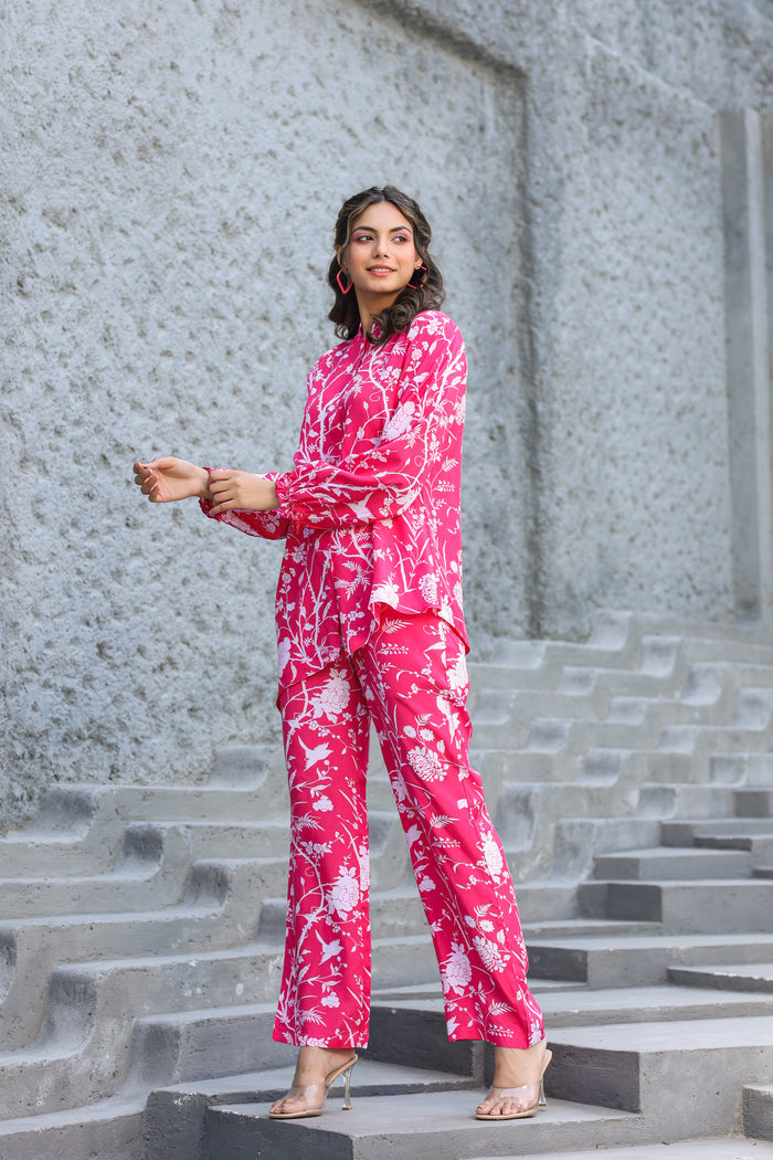 White Jaal On Pink Russian Silk Co-ord Set