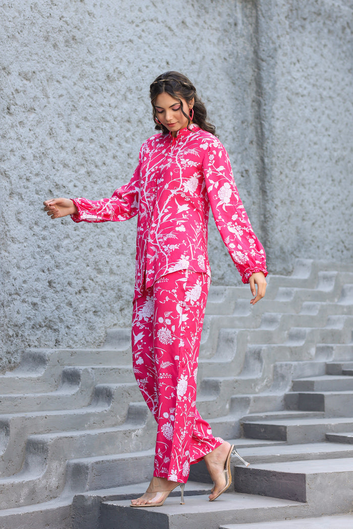 White Jaal On Pink Russian Silk Co-ord Set