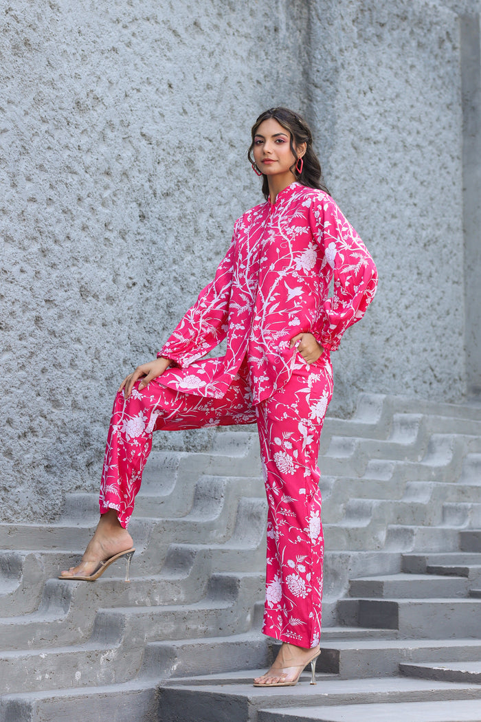 White Jaal On Pink Russian Silk Co-ord Set