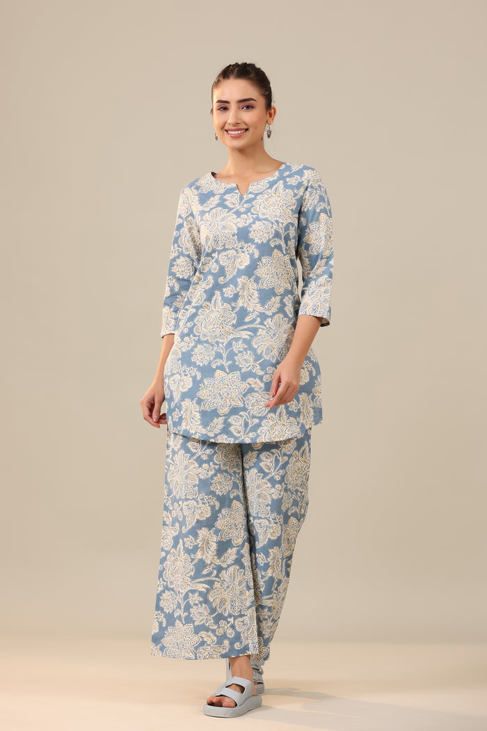 White Jaal on Sea Blue Cotton Flex Palazzo Loungewear Set