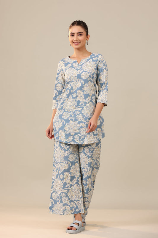 White Jaal on Sea Blue Cotton Flex Palazzo Loungewear Set