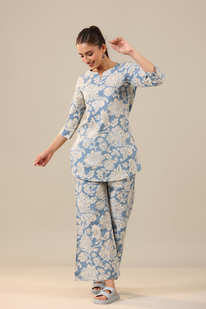 White Jaal on Sea Blue Cotton Flex Palazzo Loungewear Set