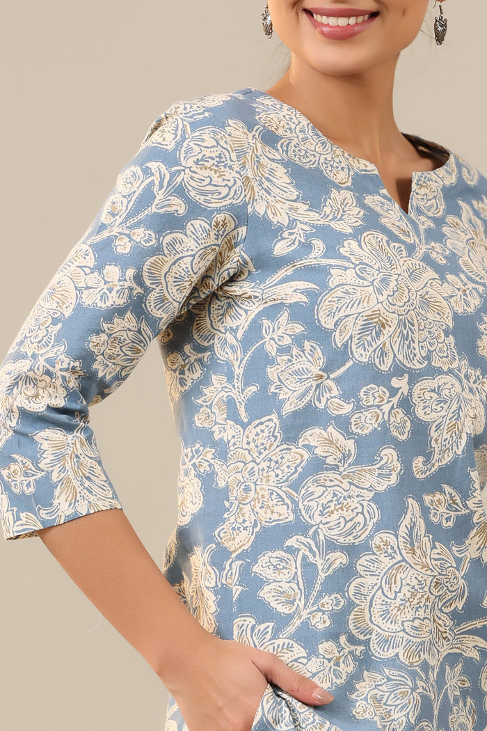 White Jaal on Sea Blue Cotton Flex Palazzo Loungewear Set