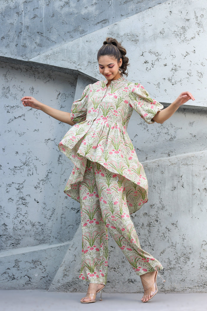 Wildflower on Pista Green Russian Silk Co-ord set