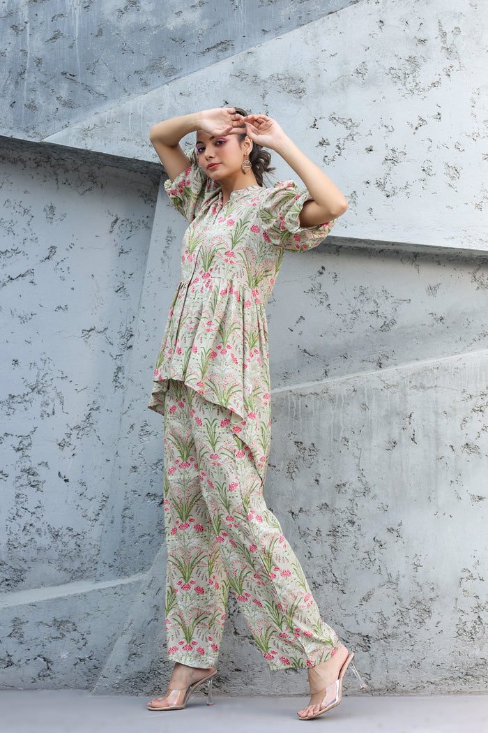 Wildflower on Pista Green Russian Silk Co-ord set