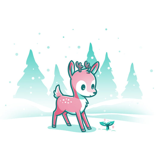 Premium Cotton T-shirt_TeeTurtle white Winter Wonderland apparel featuring a cartoon deer with small antlers stands in a snowy landscape with evergreen trees, looking curiously at a glowing sprout on the ground. Snowflakes are falling around them.