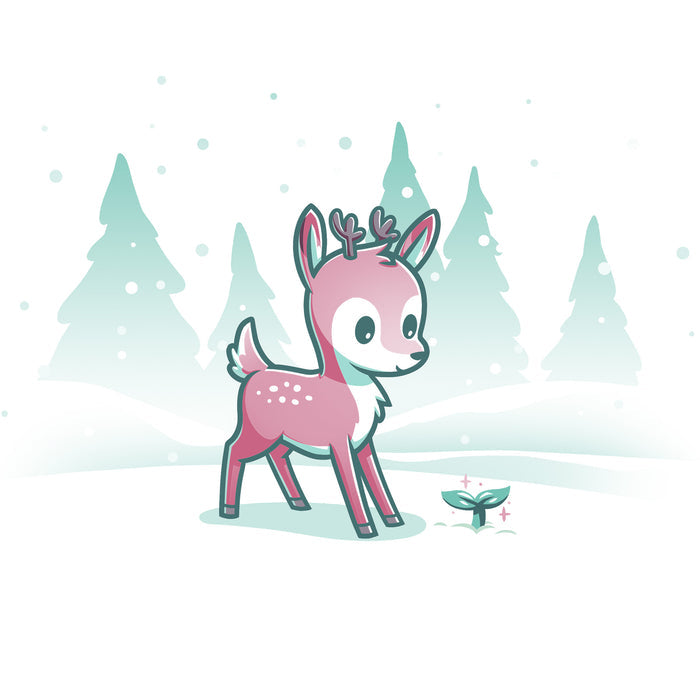Classic Cotton T-shirt_TeeTurtle white Winter Wonderland apparel featuring a cartoon deer with small antlers stands in a snowy landscape with evergreen trees, looking curiously at a glowing sprout on the ground. Snowflakes are falling around them.