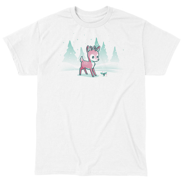 Classic Cotton T-shirt_TeeTurtle white Winter Wonderland apparel featuring a cartoon deer with small antlers stands in a snowy landscape with evergreen trees, looking curiously at a glowing sprout on the ground. Snowflakes are falling around them.