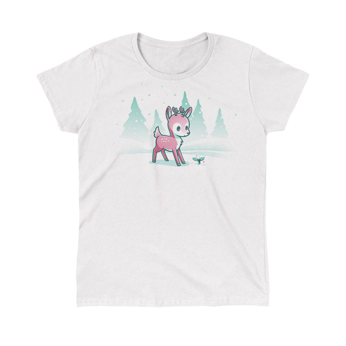Classic Cotton T-shirt_TeeTurtle white Winter Wonderland apparel featuring a cartoon deer with small antlers stands in a snowy landscape with evergreen trees, looking curiously at a glowing sprout on the ground. Snowflakes are falling around them.