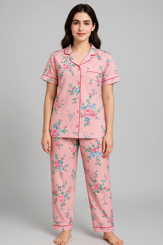 Women Button night suit Pink flowers - Hinz Clothing