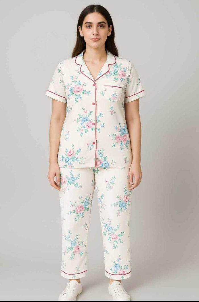 Women Button night suit ( white & print  flower) - Hinz Clothing