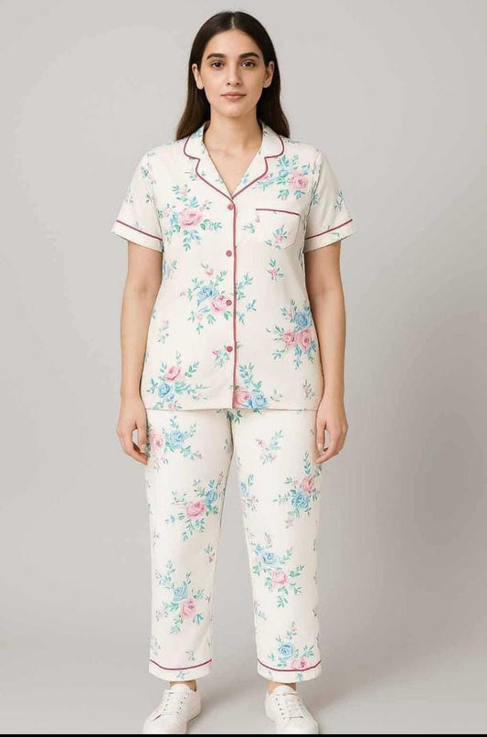 Women Button night suit ( white & print  flower) - Hinz Clothing