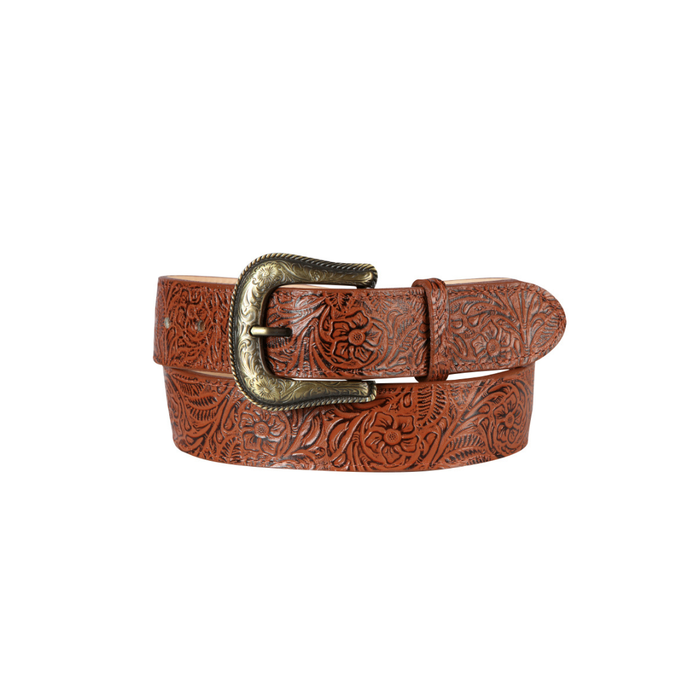 Brown leather belt with intricate design and brass buckle