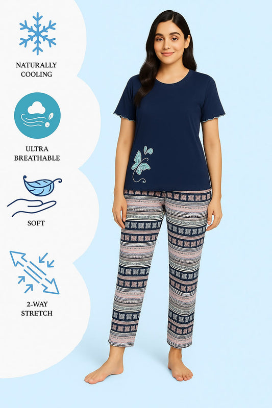 Women T-Shirt and printed  trouser (Navy Butterfly) - Hinz Clothing