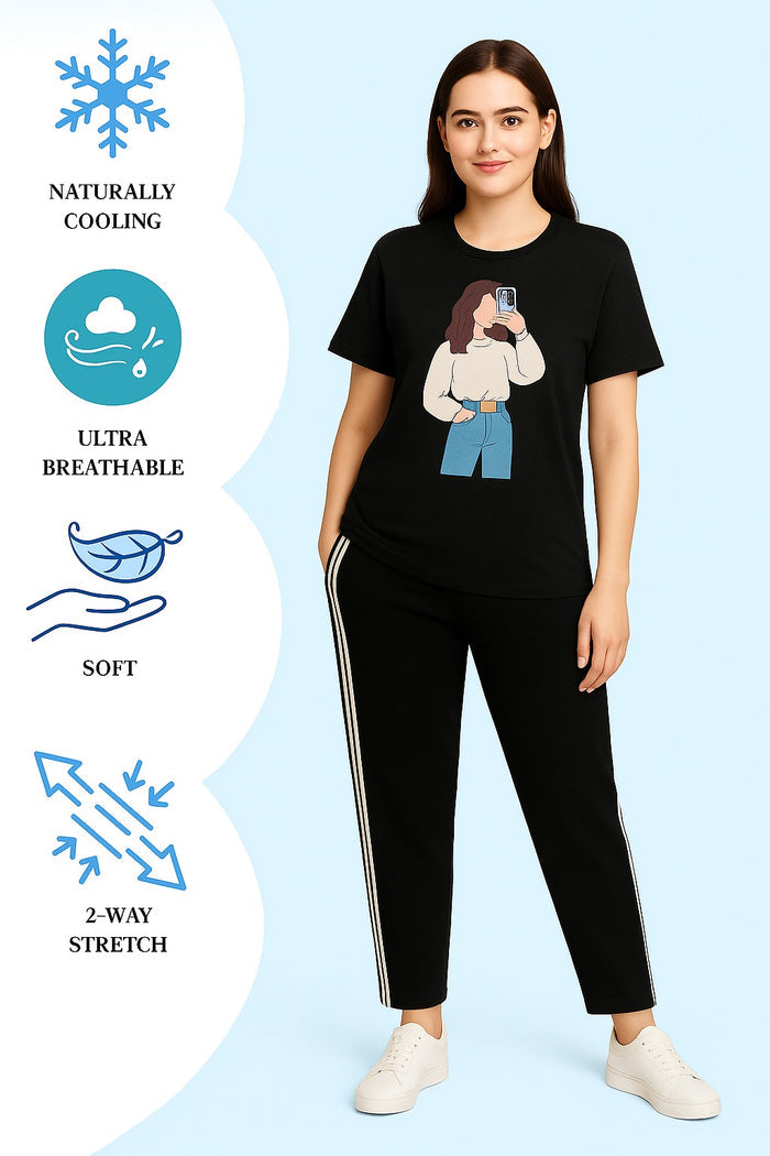 Women T-Shirt & Side Stripe Trouser ( Blue Jeans Girl ) - Hinz Clothing