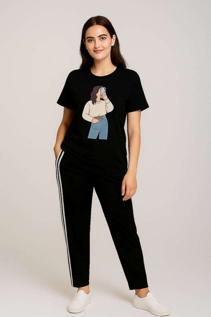 Women T-Shirt & Side Stripe Trouser ( Blue Jeans Girl ) - Hinz Clothing