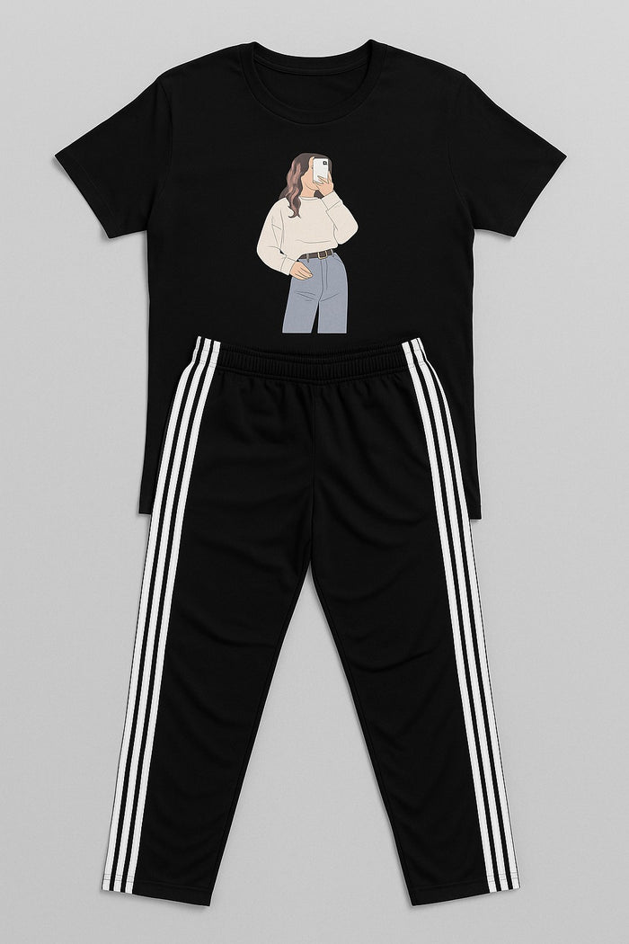 Women T-Shirt & Side Stripe Trouser ( Blue Jeans Girl ) - Hinz Clothing