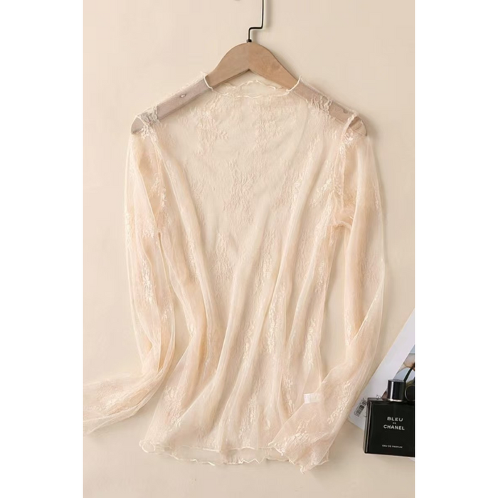 Women's Apricot Sheer Lace Mesh Long Sleeve Top – See-Through Floral Blouse