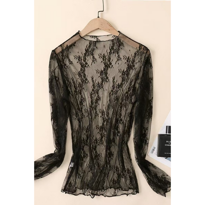 Women's Black Sheer Lace Mesh Long Sleeve Top – See-Through Floral Blouse