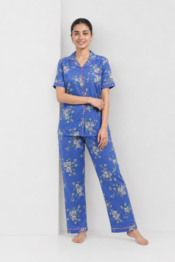 Women's Blue Floral Printed Jersey Cotton Button-Down Pajama Set
